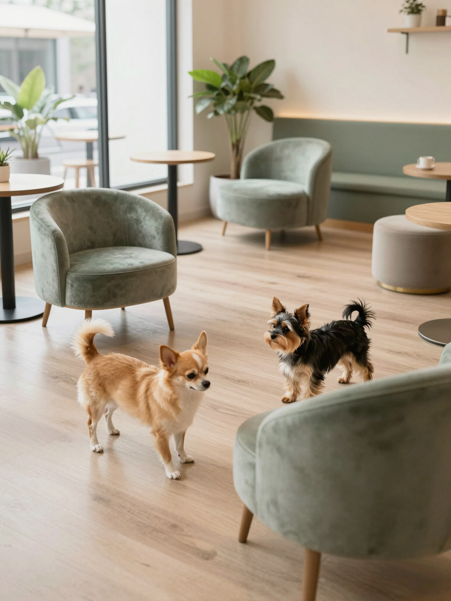 Small dog enjoying the cage free Paw World lounge