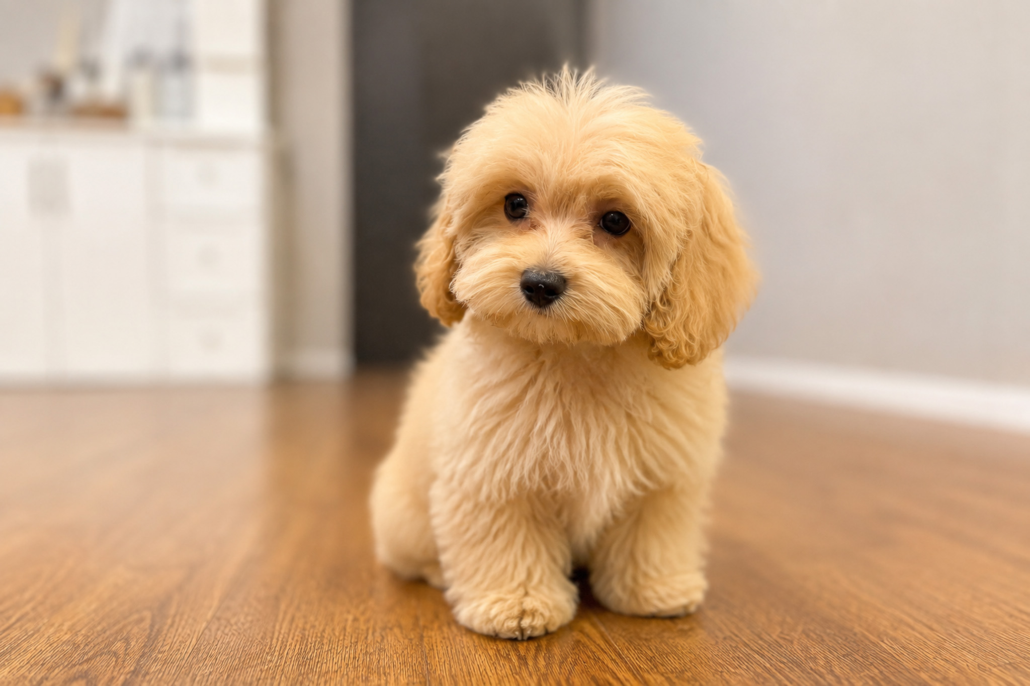 A small breed puppy looking up during a private meeting