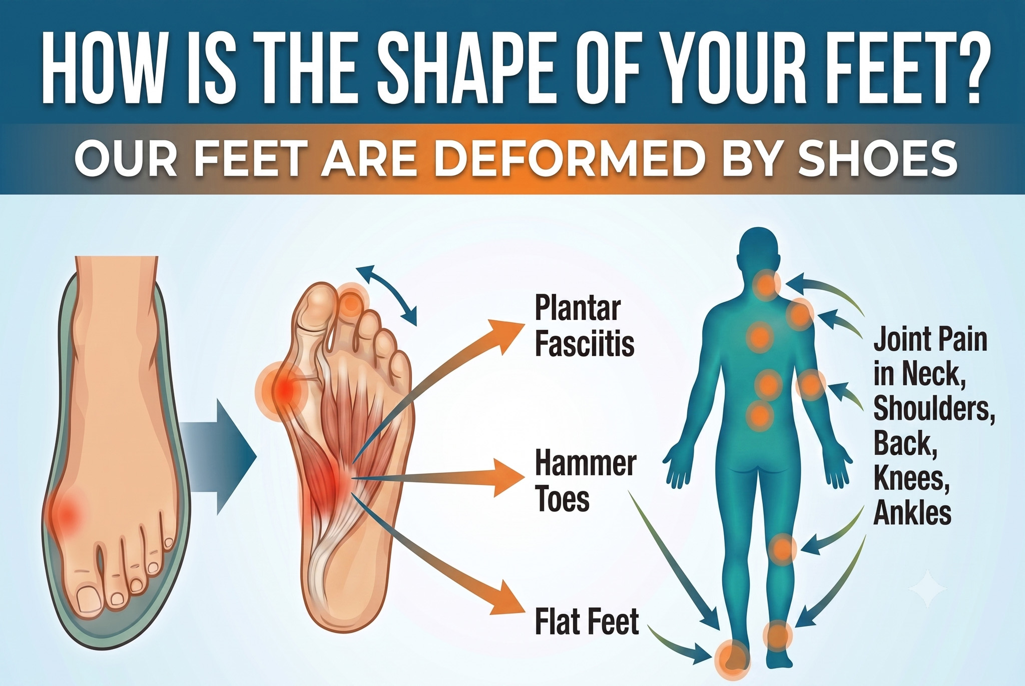 Infographic: how ill-fitting shoes deform the foot (plantar fasciitis, hammer toes, and flat feet) and radiate joint pain to the ankles, knees, back, shoulders, and neck.