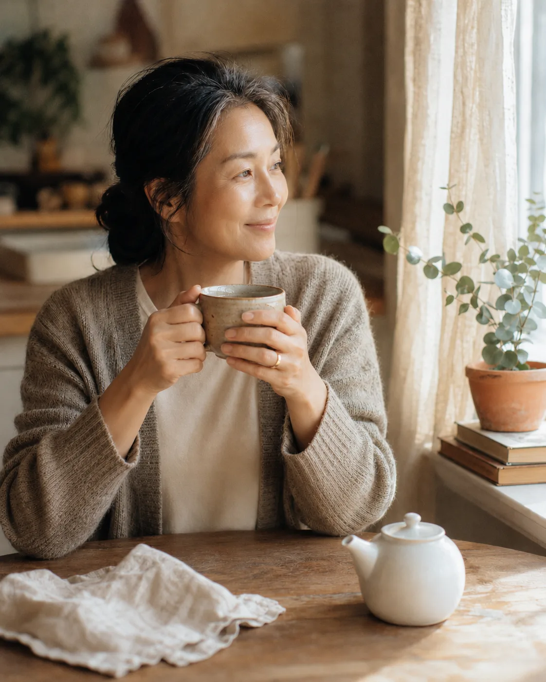 A Korean woman in her fifties enjoying tea by a sunlit window
