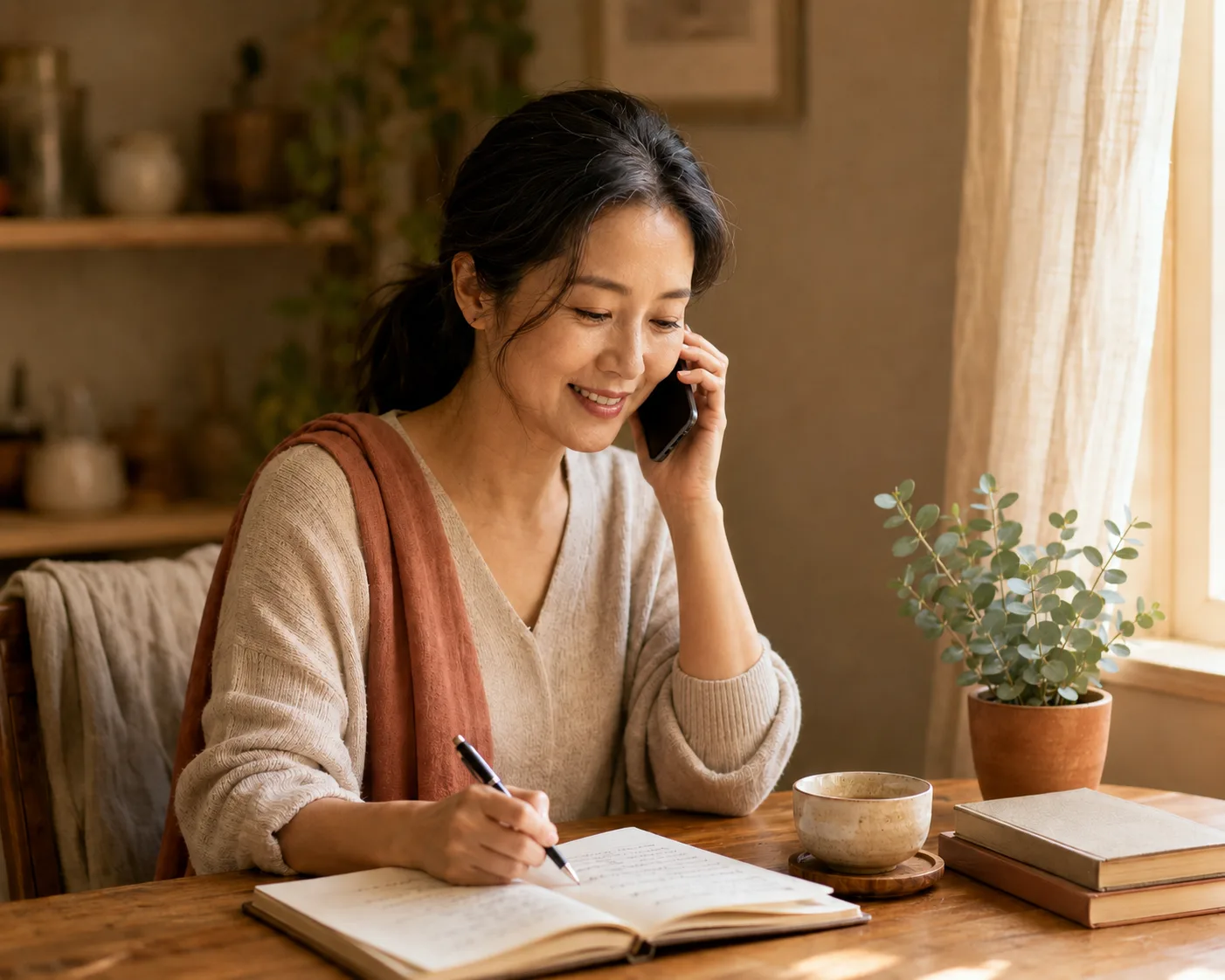 A Rejuvenation Coach on a warm check-in call, taking notes in a care journal