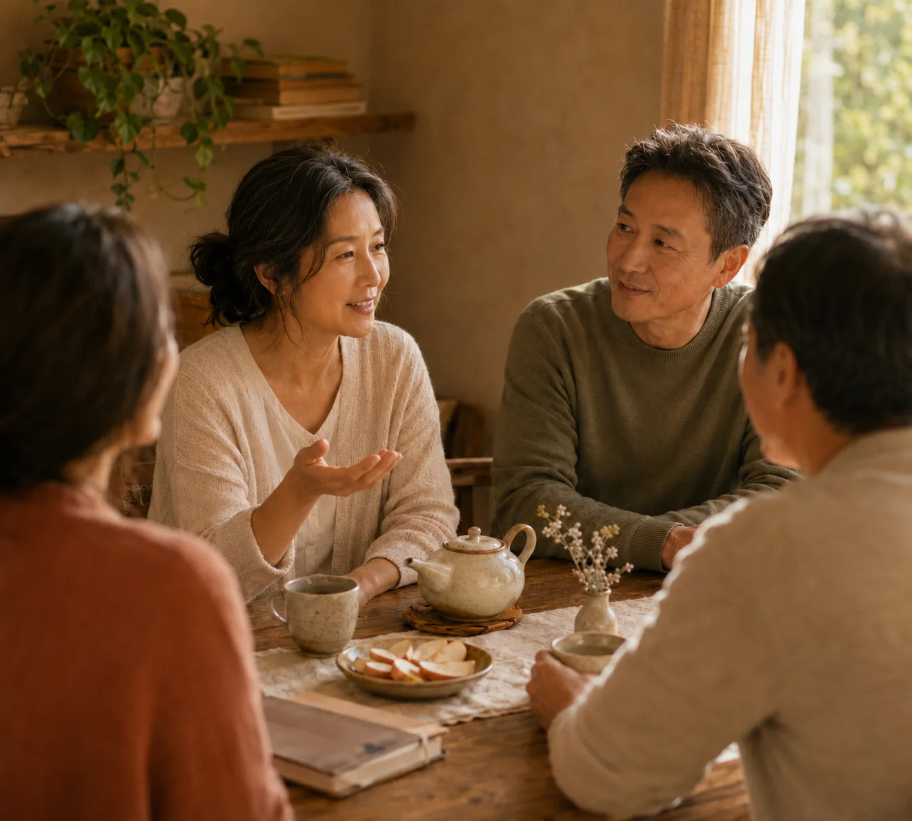 A small Korean community gathering sharing tea around a table