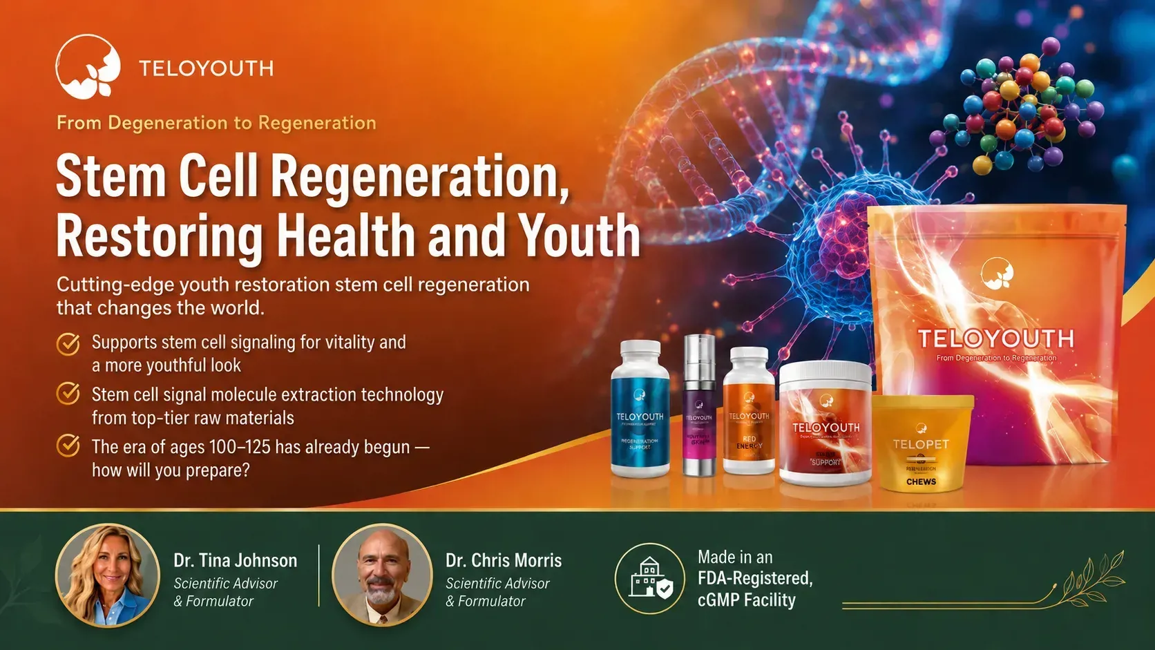 TeloYouth brand poster: Stem Cell Regeneration, Restoring Health and Youth, with the full product line
