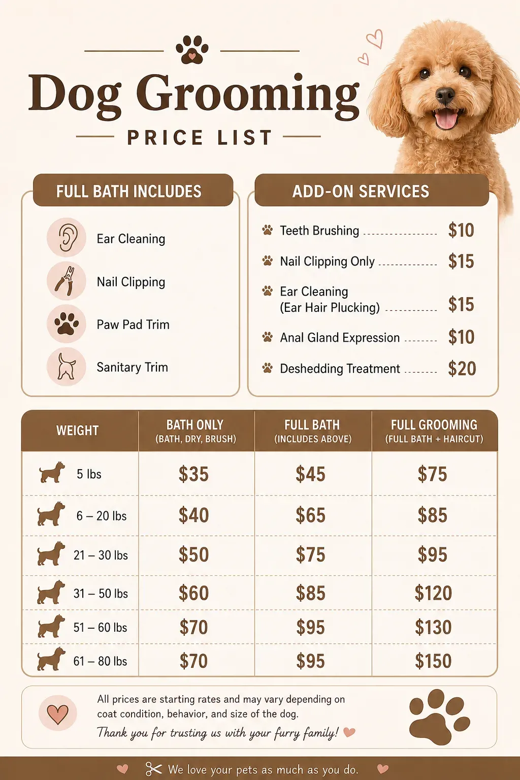 The Paw World dog grooming price list: bath only, full bath, and full grooming by weight, plus add-on services