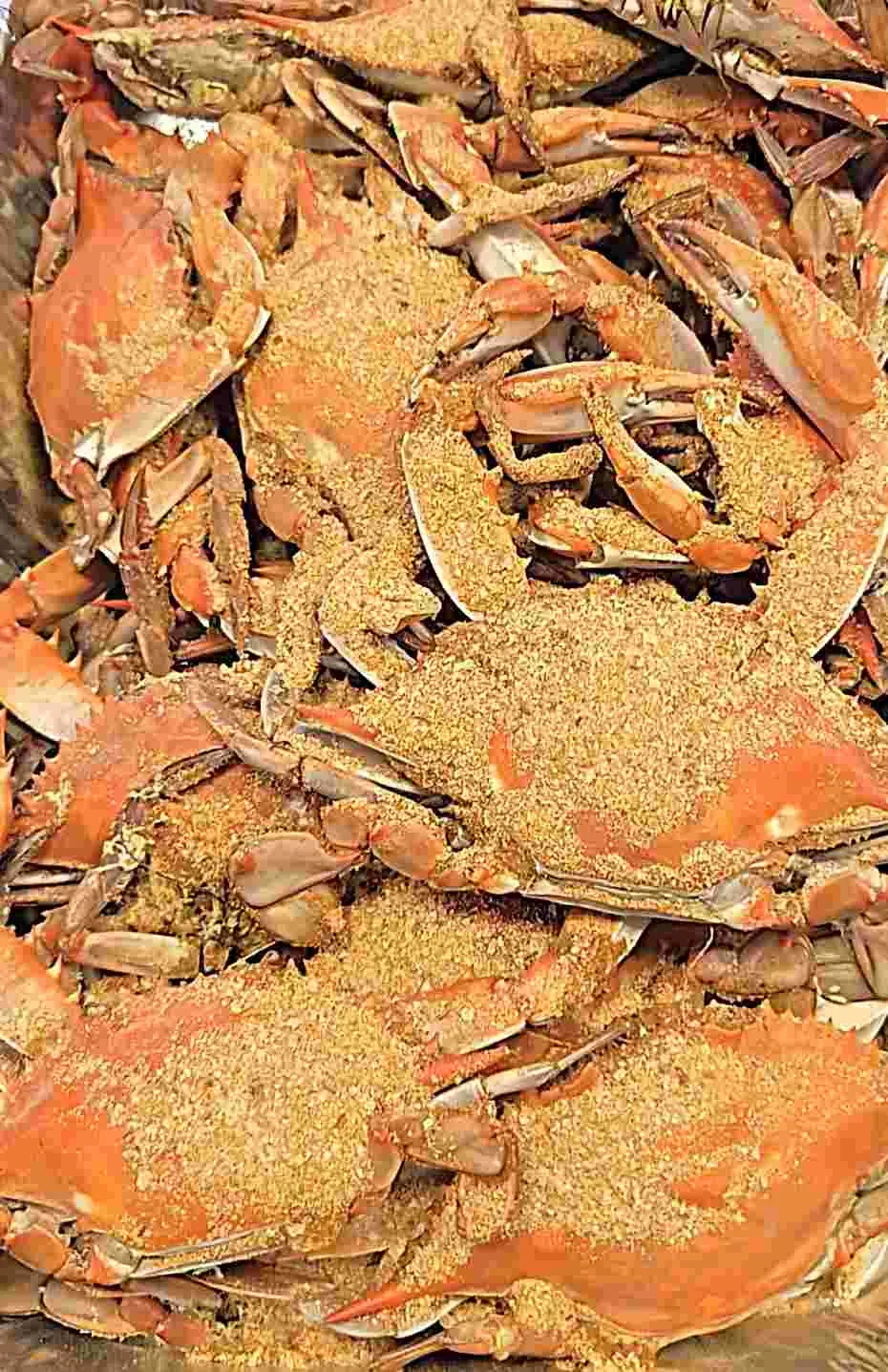 Steamed jimmy blue crabs with Old Bay style spice at Carytown Seafood Market in Richmond
