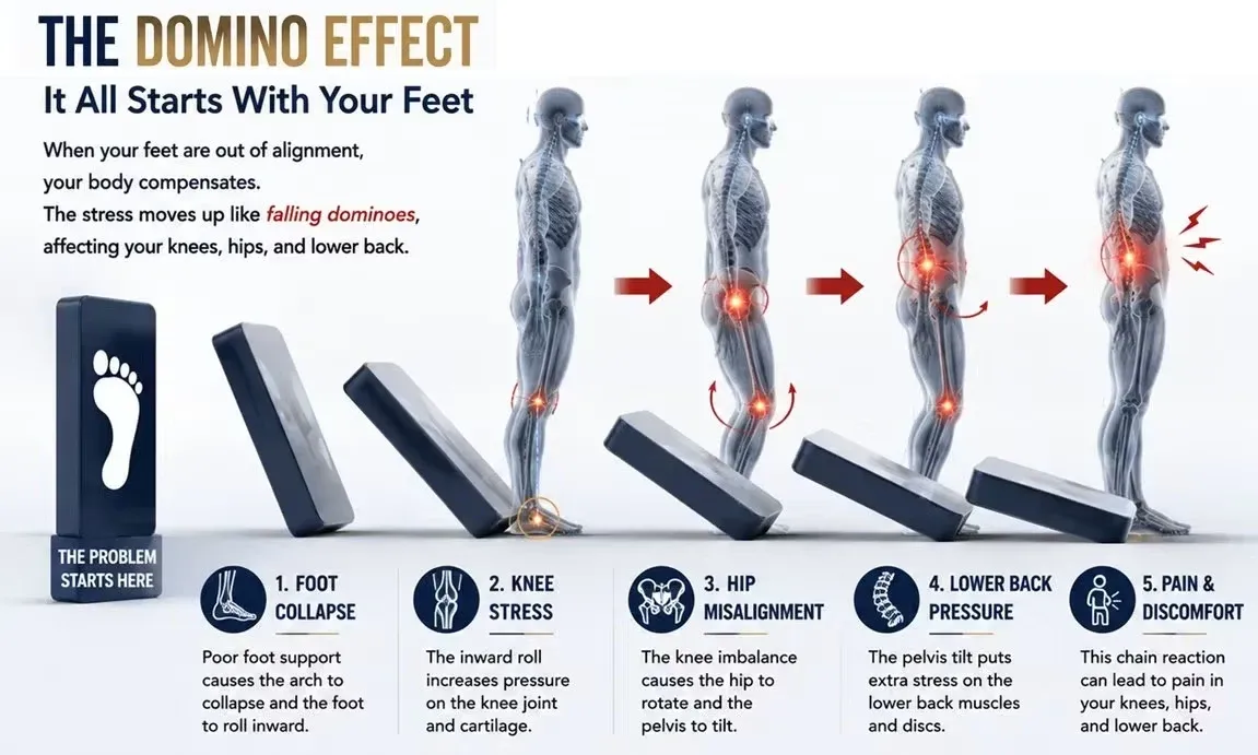 How foot collapse moves stress up to the knees, hips, and lower back