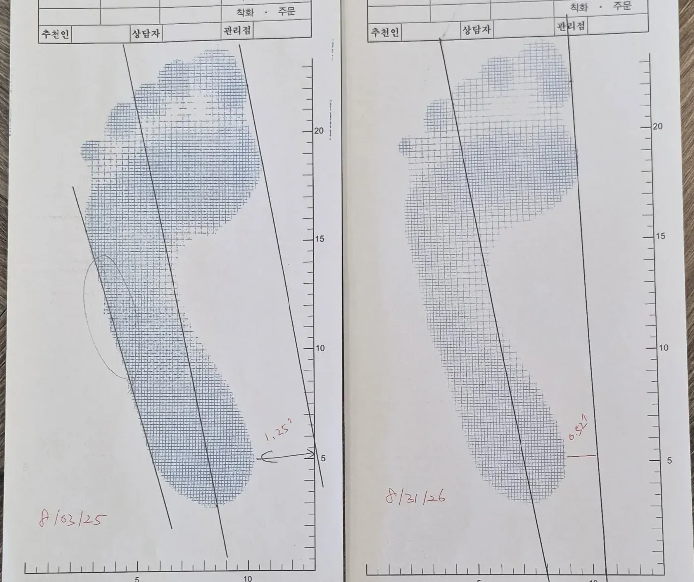 Footprint sheet from a year ago with the big toe angled inward